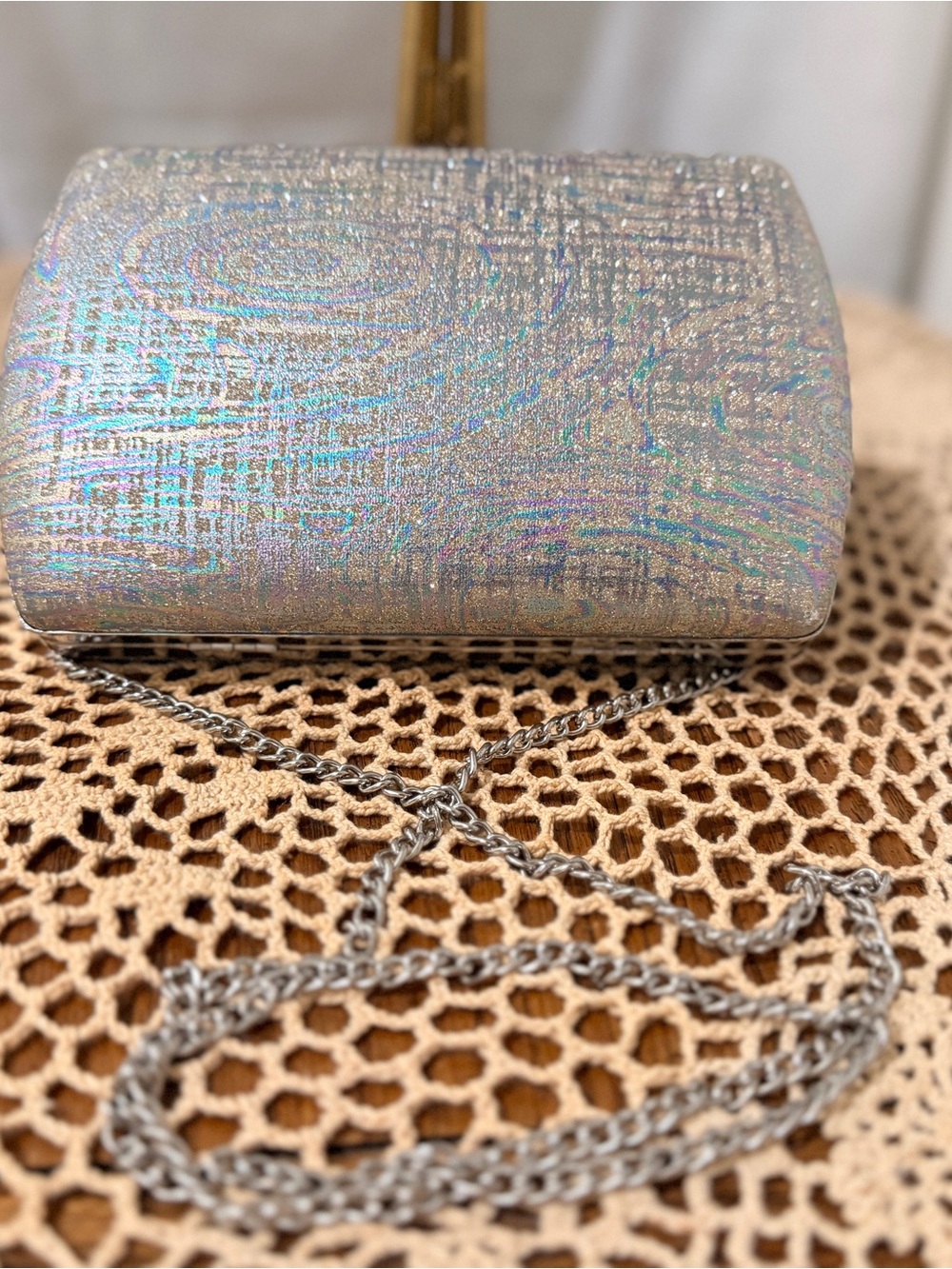 Nordstrom Iridescent Silver Hard Shell Evening Clutch with Chain